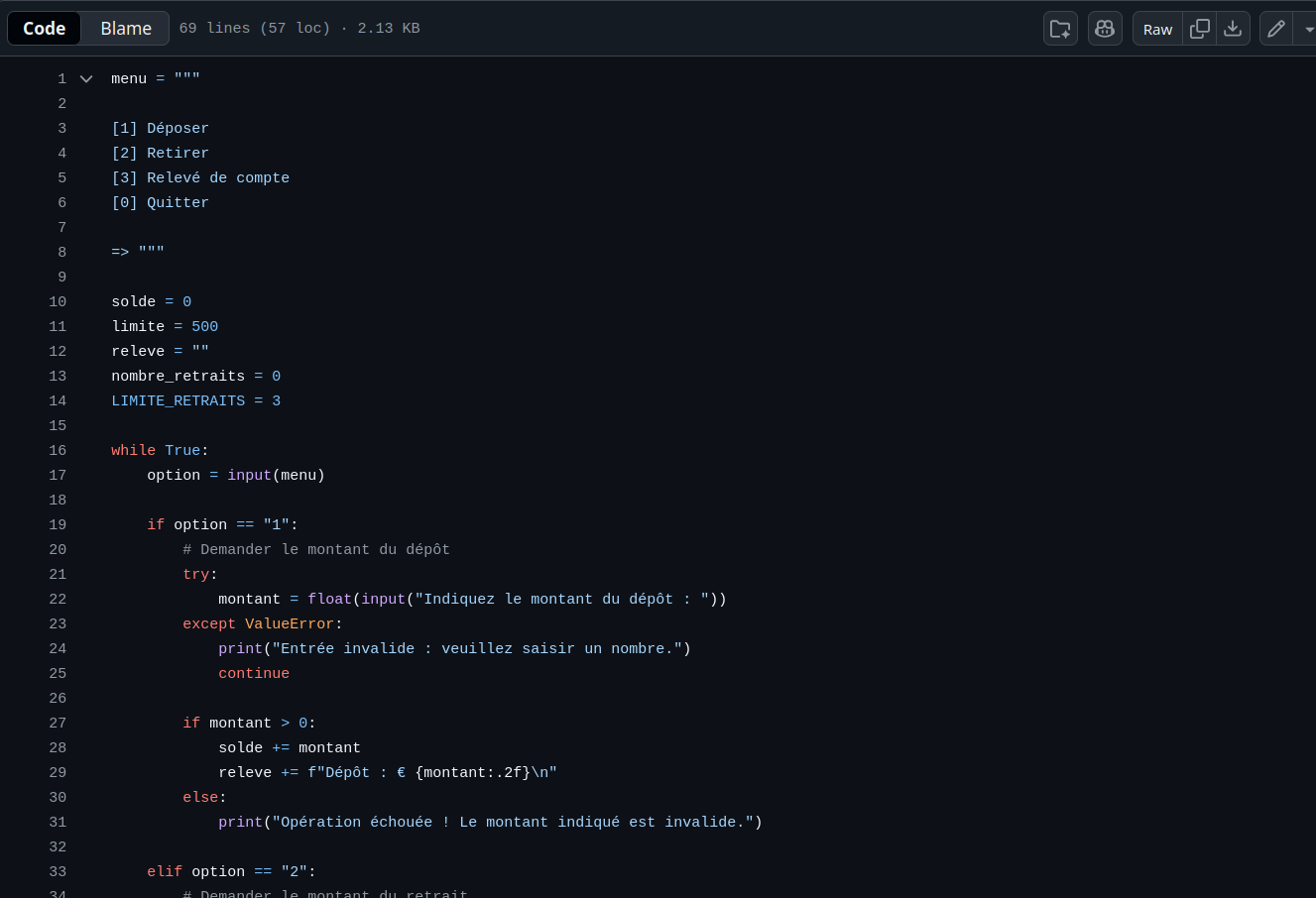 Capture d'écran du simulateur de compte bancaire